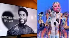 Foto of Chadwick Boseman and Lady Gaga wey hold MTV award
