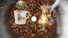 حبوب القهوة مع فنجان