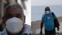 Dos fotos, una solo de la cara y otra de cuerpo casi entero de Jesús, ataviado con una mascarilla, camiseta azul y pantalones.