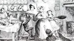 رسم يصور امرأة تقذف الفطائر في الهواء في ثلاثاء المرافع - يوم العيد قبل بداية الصوم الكبير - يعود تاريخه إلى القرن التاسع عشر