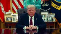 Donald Trump sentado en su escritorio en la Casa Blanca con cara adusta mientras da un mensaje a la población por el asesinato de Charlie Kirk.