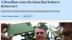 Captura de tela mostra o título e foto principal de editorial do Financial Times sobre o julgamento de Jair Bolsonaro. O título, em inglês, é: "Condenação de Bolsonaro faz história ao responsabilizar um golpista" e a foto mostra Bolsonaro vestido de camisa da seleção brasileira e cercado de apoiadores