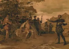 Litografia de António Ramalho, do século 19, representa Camões lendo Os Lusíadas ao rei português