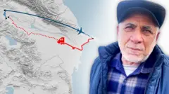 Коллаж: изображение мужчины с седой щетиной в кепке и синей куртке, надетой поверх синей клетчатой рубашки, на фоне карты, где синим и красным цветами обозначен маршрут