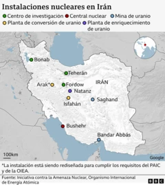 Mapa de las instalaciones nucleares de Irán.