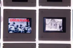 Dois slides mostrando Grande Otelo e dançarinos do Cassino da Urca e uma foto de Orson Welles ao lado de casa em uma favela do Rio