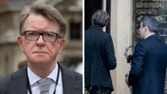 Peter Mandelson ve iki sivil polis memurunun Londra'da onunla bağlantılı adreslerden birine gelişini gösteren bölünmüş ekran görüntüsü.
