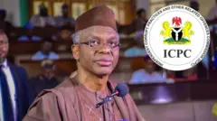 Nasir El-Rufai wear brown cap and African dress wit glass. Logo of ICPC dey beside am