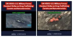 Una imagen combinada muestra dos capturas de pantalla de un video publicado en la cuenta de X de La Casa Blanca, que representa lo que el presidente de EE. UU., Trump, dijo que era un ataque militar de EE. UU. a un barco de un cartel de drogas venezolano.