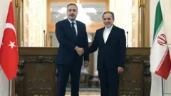 Hakan Fidan ve Abbas Arakçi kürsülerin önünde el sıkışıyor. Yanlarında Türk ve İran bayrakları var.
