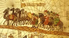 نقشه مصور که سفر تاجر ونیزی مارکو پولو (۱۲۵۴ - ۱۳۲۴) را در امتداد جاده ابریشم به چین نشان می‌دهد. 