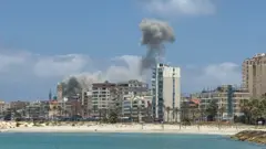 تصاعد الدخان عقب غارة إسرائيلية على مدينة صور في لبنان، 9 يونيو/حزيران 2026. التُقطت الصورة بواسطة هاتف محمول.