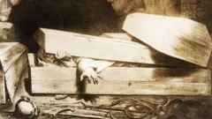 Doente de cólera levantando a tampa do seu caixão, depois de enterrado