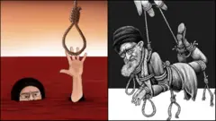 دو اثر از مجموعه ۳۵ کاریکاتور برگزیده شده از ساناز باقری (چپ) و رضا جوزانی (راست)