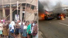 Collage foto of di burning keke and crowd wey gada for di scene