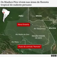 Mapa mostra o sudeste do Peru e áreas vizinhas do Brasil e da Bolívia, com destaque para a região de Madre de Dios. Estão identificados os rios Manu, Madre de Dios e Tahumanu. Dois marcadores vermelhos indicam “Nova Oceania”, próxima ao rio Tahumanu, e o posto de controle “Nomole”, perto do rio Manu.