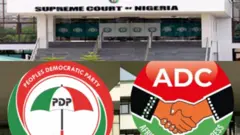 Ẹnu ọna ile ẹjọ to ga julọ ni Naijiria l'Abuja, ati ami ẹgbẹ oṣelu ADC ati PDP