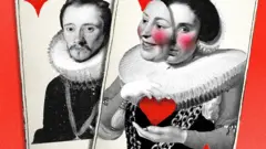 На яскраво-червоному тлі лежать дві гральні карти: на одній зображений чоловік із бубновою мастю, на іншій - жінка з чирвовою. Жінка тримає перед обличчям маску, ніби має дві особистості