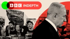 Two images: Benjamin Netanyahu on the right and on the left, relatives and supporters of Israeli hostages held captive hold their portraits during a protest in Tel Aviv