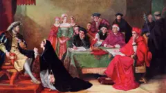 Yağlı boya tablo. Siyah pelerinli bir kadın kralın önünde diz çökmüş. Kırmızı giysili din adamları bir masanın etrafında onları izliyor.