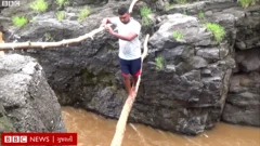 લાકડાના સહારે નદી ઓળંગતા લોકો