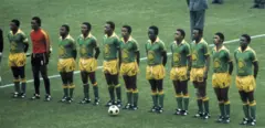 Football, Coupe du monde, 1974, 1er tour final, Groupe II, Parc des sports de Gelsenkirchen, Zaïre (République démocratique du Congo) contre Brésil 0-3, photo d'équipe du Zaïre