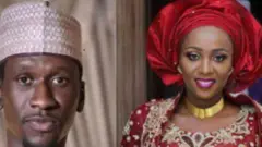 Ọkọ Maryam Sanda, Bilyaminu Bello, de fila alawọ eérú gogoro pẹlu aworan obìnrin náà, tó we gele Pupa pelu aṣọ Pupa àti goolu, to si n rẹrìn pẹlu eyin funfun nita. 