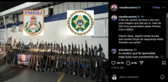 Publicação na rede social Instagram do governador do estado do Rio de Janeiro, Claudio Castro, que mostra uma grande quantidade de fuzis apreendidos em operação policial e logotipos das polícias estaduais