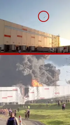 a collage of a burning Russian logistics centre