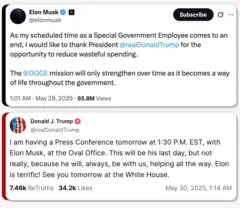 Troca de mensagens entre Elon Musk e Donald Trump nas redes sociais em 29 e 30/5/2025