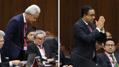 Capres-cawapres nomor urut 01, Anies Baswedan dan Muhaimin Iskandar, serta capres-cawapres nomor urut 02, Ganjar Pranowo-Mahfud MD, menghadiri sidang putusan sengketa hasil Pemilihan Presiden 2024, pada Senin (22/04).