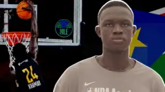 A colourful graphic of Khaman Malauch dunking a basketball next to a profile picture of the teen in front of a South Sudan flag