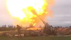 Azeri armed forces firing artillery during clashes between Armenia and Azerbaijan over the territory of Nagorno-Karabakh