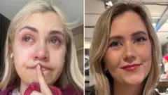 Uma foto dividida de Lily, uma mulher de 31 anos loira e de olhos azuis. À esquerda, seu rosto está manchado de lágrimas e ela não está usando maquiagem. À direita, ela está sorrindo e maquiada.
