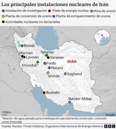 Mapa de las instalaciones nucleares de Irán
