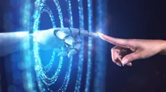 Inteligência artificial: o robô milionário que quer ser reconhecido como pessoa 10 Ilustração de mão robótica atravessando uma espiral digital e encostando o dedo indicador com o de uma mão humana