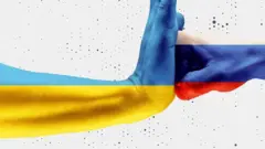 Ilustracija ruku u bojama ukrajinske i ruske zastave