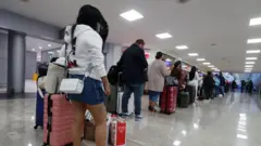 空港で列を作って待つ旅行客