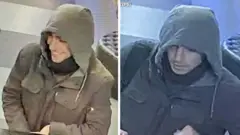 Composite of two NYPD-released images of an unmasked individual wearing a hood. 