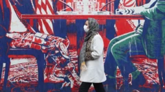 İki erkeğin bir masada oturduğu bir duvar resmi ABD'yi İran'a komplo kurmakla suçluyor. Önünden maskeli ve başörtülü bir kadın geçiyor