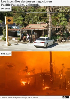 Dos imágenes del antes y el después de los incendios de Los Ángeles donde se muestra cómo quedó de destrozado un negocio en Palisades.