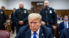 Trump sentado em tribunal, com olhar irritado; atrás, dois policiais