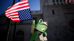 Una persona con un disfraz inflable de rana ondeando una bandera estadounidense al revés