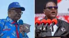 Peter Mutharikaの写真 - 布のないホールとフレームレスの旗と、彼のパーティーの銀行である黒いコートであるLazurus Chaguhera。どちらも会議で話している。