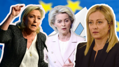 Cuộc bầu cử Nghị viện châu Âu sẽ diễn ra từ ngày 6-9/6 tới. Ảnh (từ trái sang phải): Bà Marine Le Pen, nhà sáng lập Đảng Tập hợp quốc gia của Pháp, Chủ tịch Ủy ban châu Âu Ursula von der Leyen và Thủ tướng Ý Giorgia Meloni.