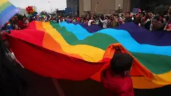 Bandera arcoiris en medio de una manifestación
