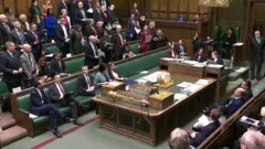 イギリス下院の本会議室。与党閣僚と議員たちが議長に向かって左側のベンチ席に座ったり、立ったりしている。中央の大きい演説用テーブルに置かれた「ディスパッチ・ボックス（公文書箱）」の前では、ブルーグレイの上着を着たマムード内相が立ち、箱に書類を置いて話している。立っている与党議員たちは、立席することで内相発言への指示を表している。手前には保守党など野党議員が、反対側の与党と同じ、緑の革張りのベンチ席に座っている。
