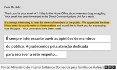 Carta do Ministério do Interior do Reino Unido, agradecendo pela atenção prestada por Hafeez