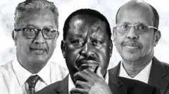 ለአፍሪካ ኅብረት ኮሚሽን ሊቀመንበርነት የሚፎካከሩት የቀድሞው የማዳጋስካር የውጭ ጉዳይ ሚኒስትር ሪቻርድ ራንድራያማንድራቶ (በስተግራ)፣ የኬንያው ራይላ ኦዲንጋ (መሀል)፣ የጂቡቲ የውጭ ጉዳይ ሚኒስትር ማሐሙድ አሊ ዩሱፍ (በስተቀኝ)