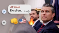 Pete Hegseth and JD Vance are pictured with a screenshot of messages by Waltz and Vance overlaid. The message from Vance says "Excellent" and from Waltz it's three emojis - fist bumb, USA flag and a fire